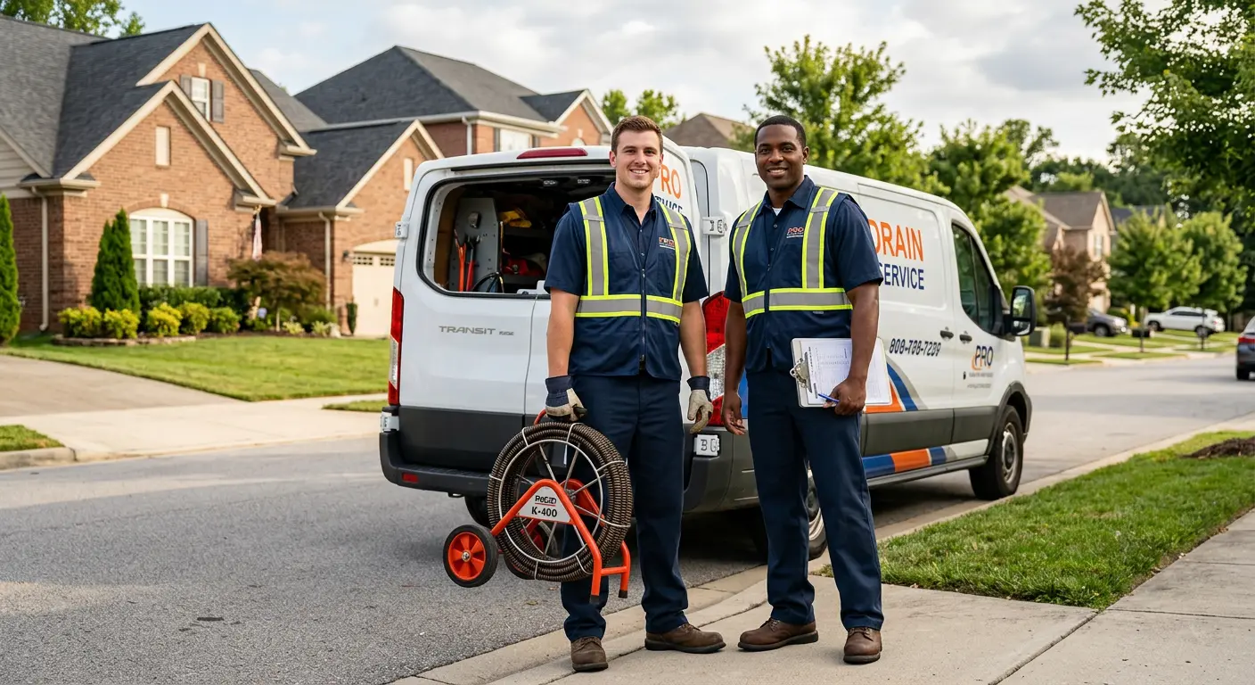 Sewer and drain service team with equipment ready for work in Oakbrook