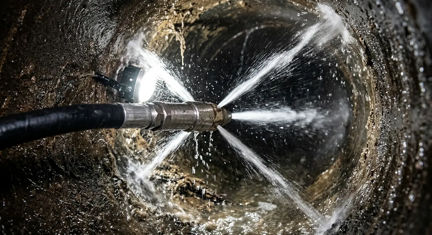 High-pressure hydro jetting nozzle cleaning sewer pipe for Trenchless Sewer Repair in Oakbrook