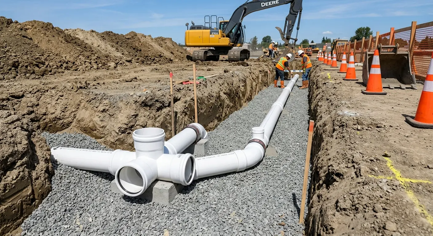 New PVC sewer pipe installation in open trench for Commercial Drain Cleaning in Oakbrook