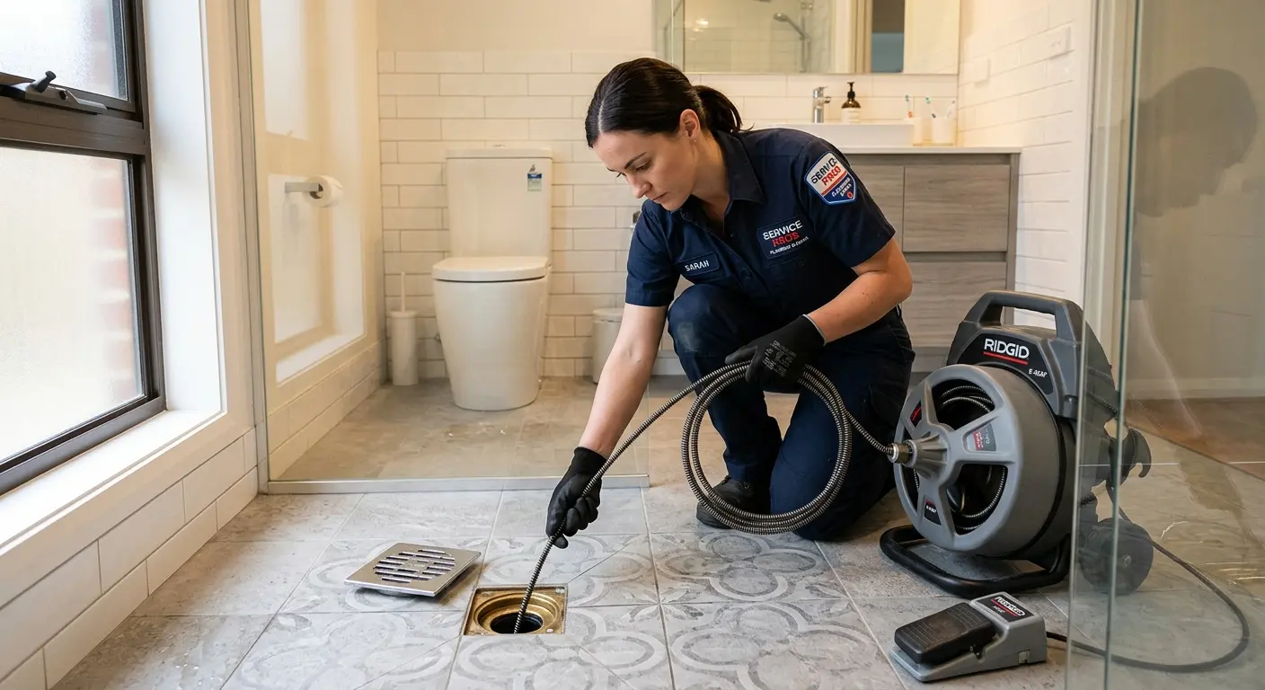 Technician clearing a bathroom floor drain for Sewer Line Replacement in Oakbrook